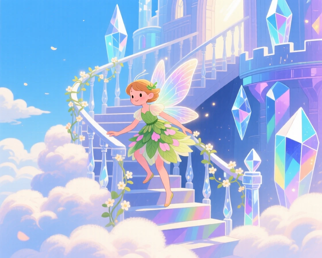 A gentle forest fairy is climbing a staircase made of clouds in a castle made of crystal, with clouds drifting lazily below.