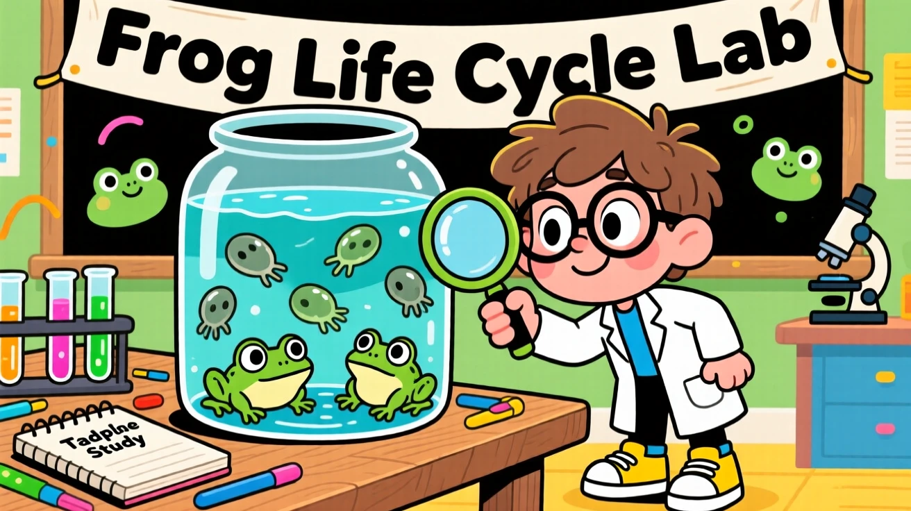 A young scientist observing tadpoles turning into frogs in a jar.