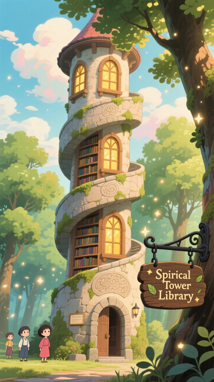 A charming view of a spiral tower library filled with tall arched windows, framed by tall trees and drifting clouds.