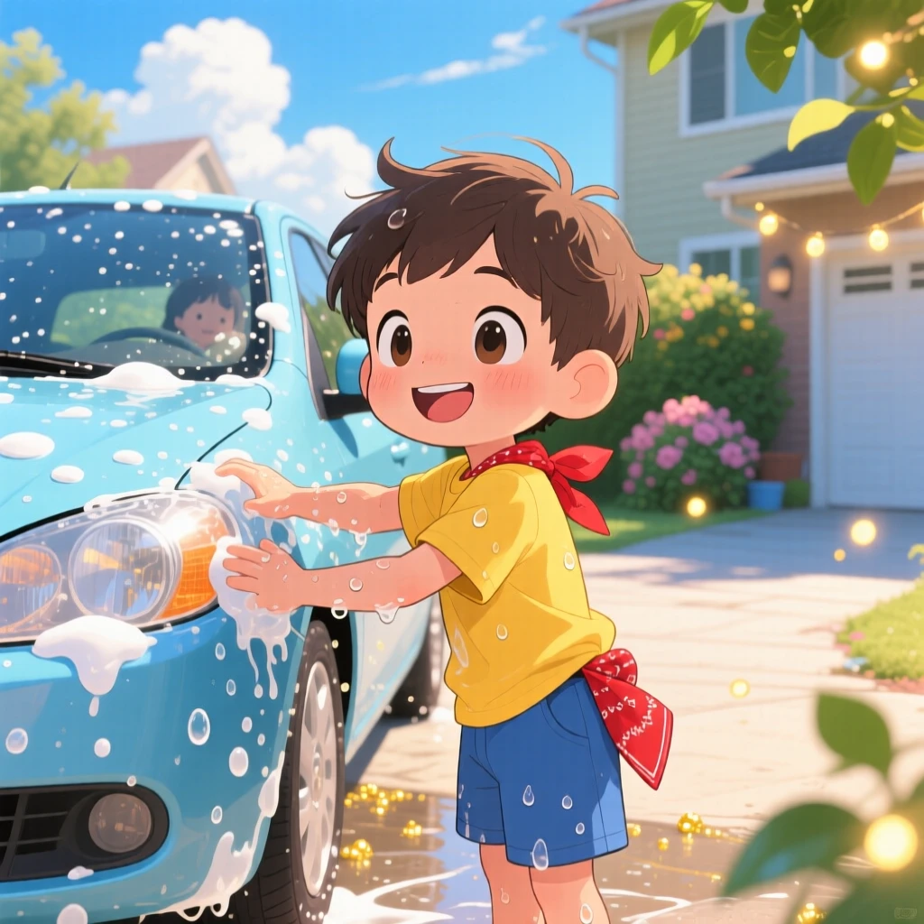 A small boy helping wash the family car in a sunny driveway during a light summer breeze; warm fairy-light glow washes over the scene as warm affection fills the moment. Close-up portrait.