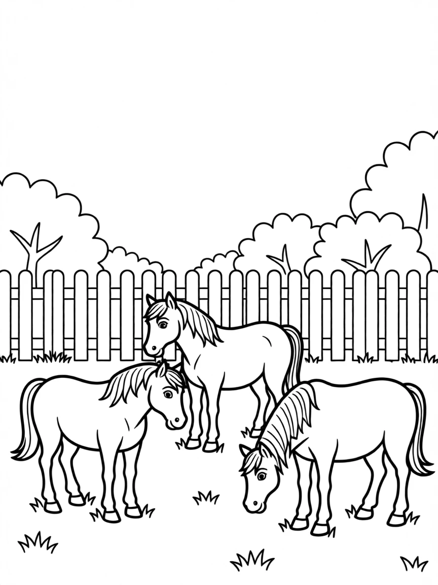 A group of horses grazing near a white picket fence