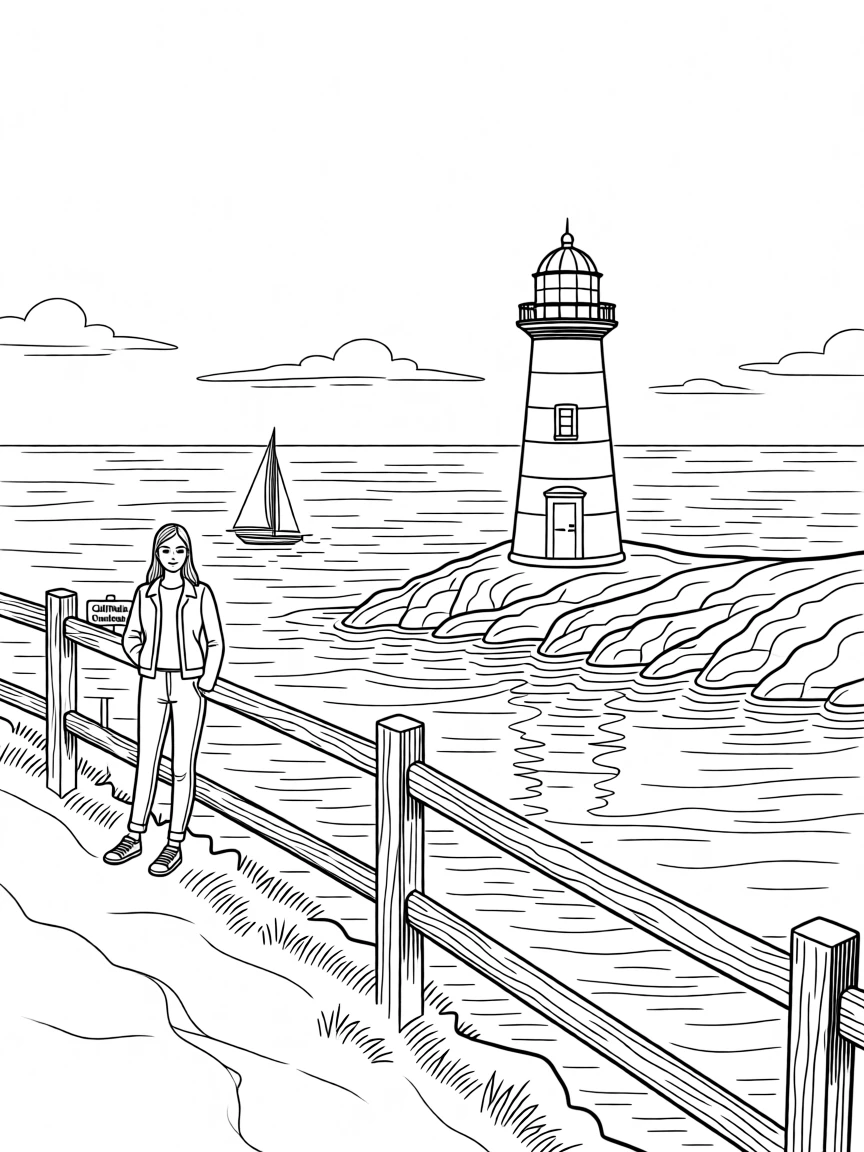 A cliffside overlook with a lighthouse in the distance, with reflections shimmering on the water's surface.