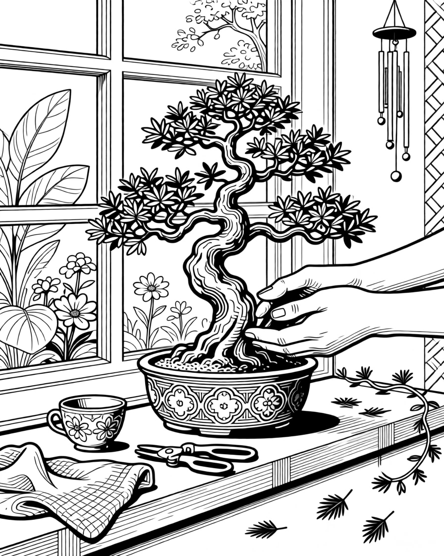 A pair of hands nurturing a bonsai tree on a quiet windowsill.