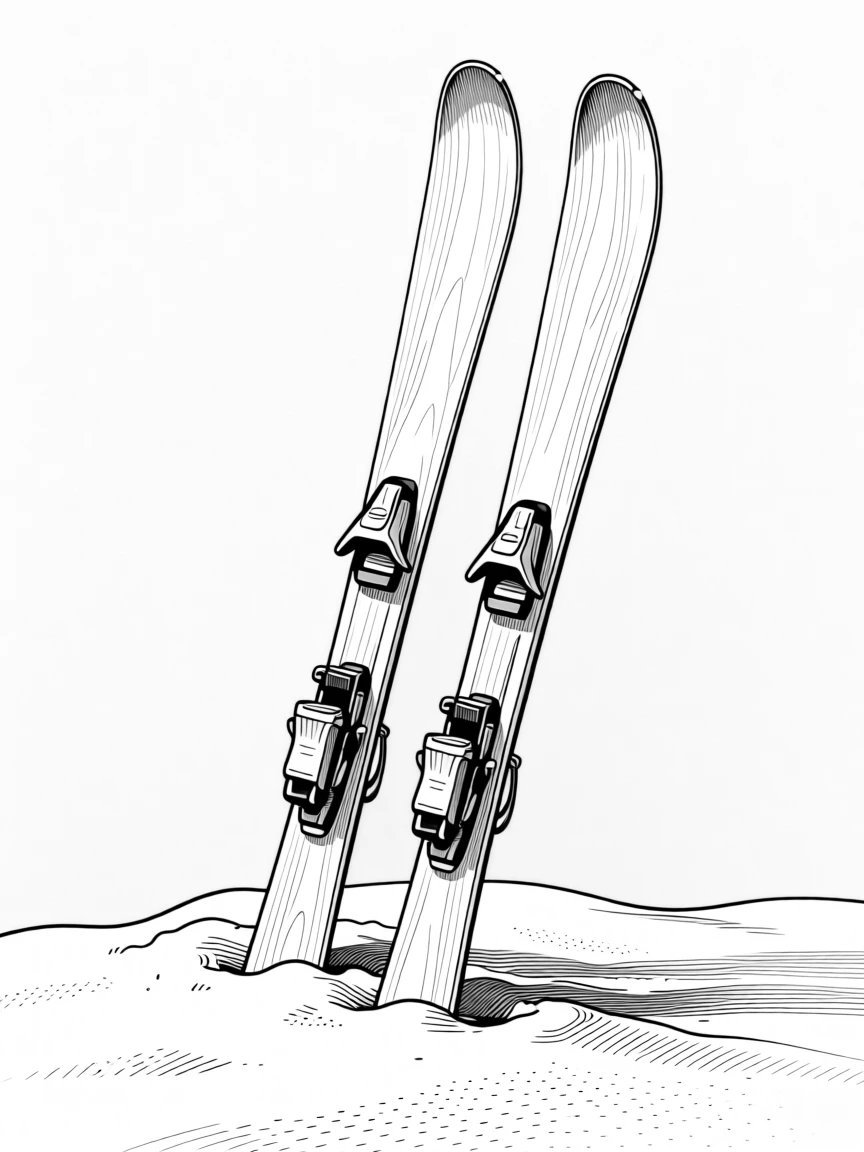 A pair of skis stuck upright in fresh snow