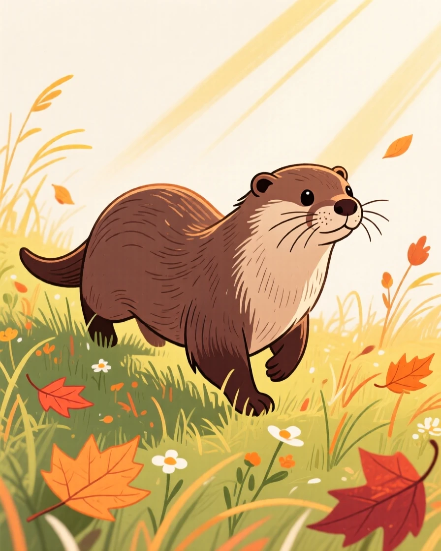 A playful otter wandering in a sunlit meadow on a crisp autumn day.