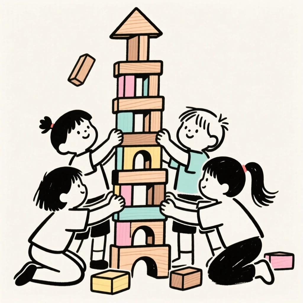 A group of children building a tall tower out of wooden blocks.