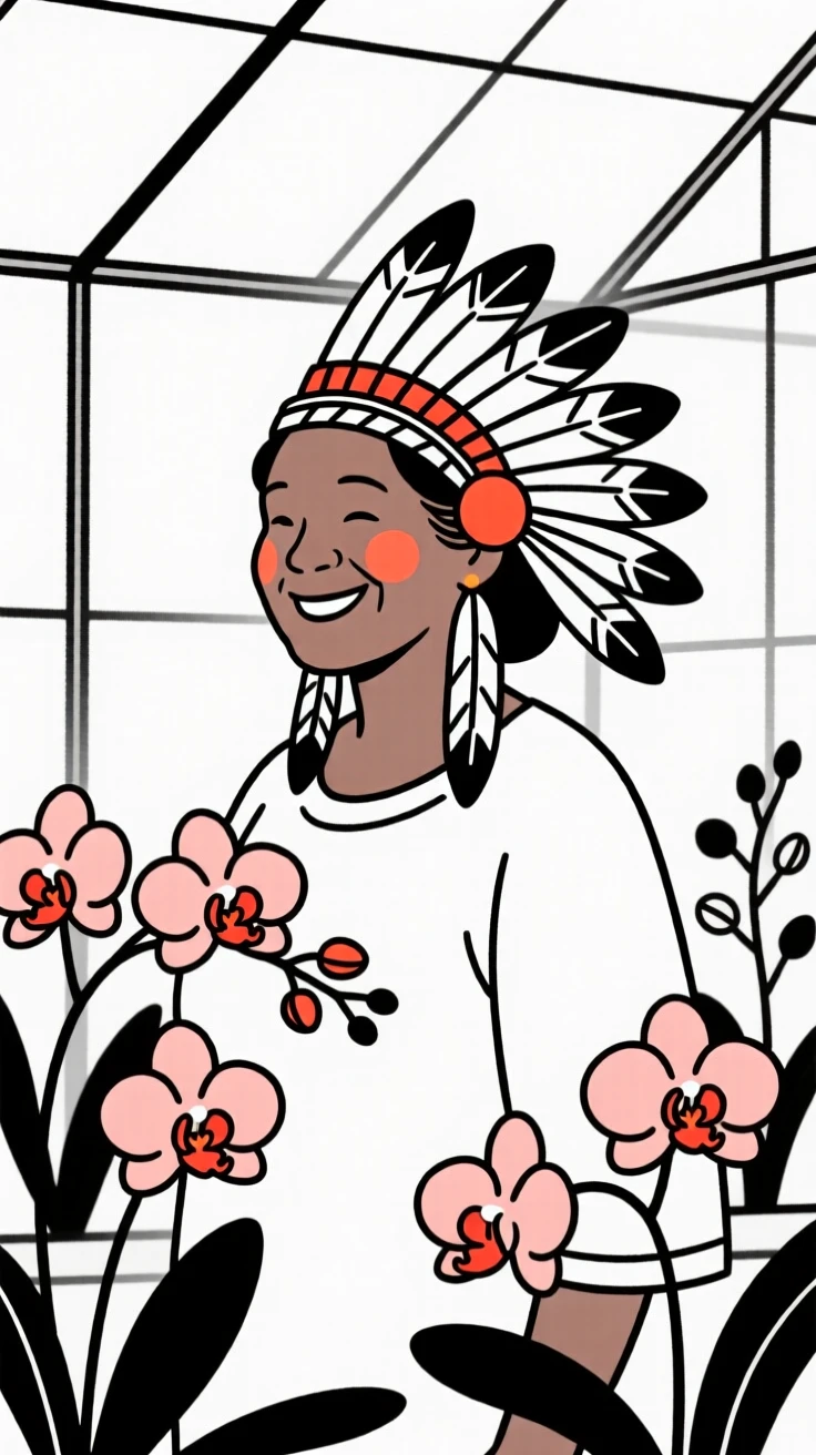 A middle-aged woman of Nigerian heritage wearing a Native American ceremonial headdress, smiling warmly, in a greenhouse full of orchids.