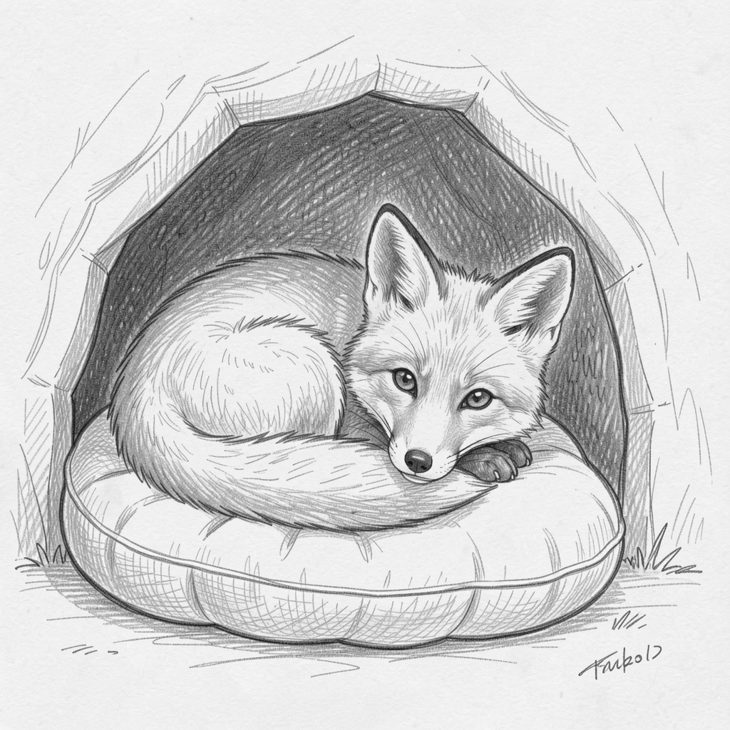 A baby fox peeking out from its den, curled up on a plush pillow, radiating pure innocent charm.