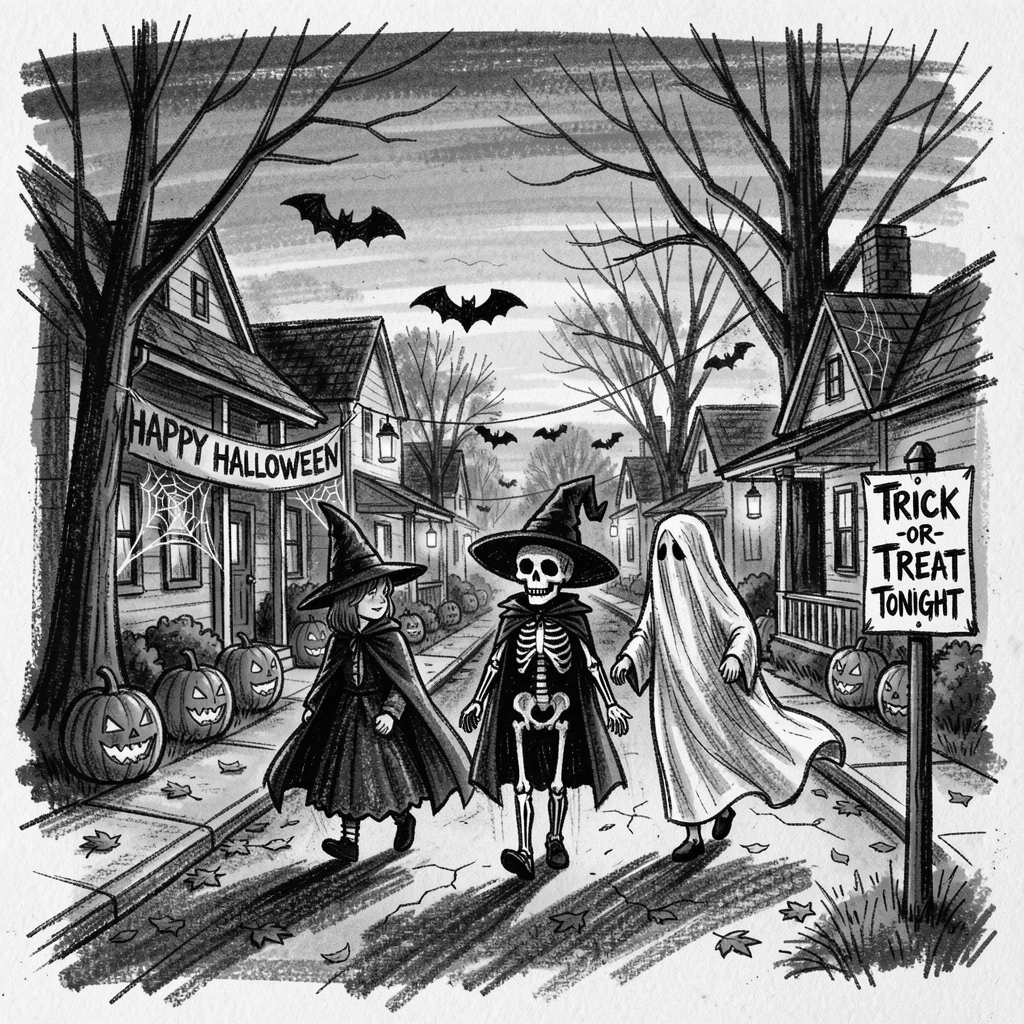 A Halloween trick-or-treat scene on a decorated suburban street, beneath a sky streaked with sunset colors.