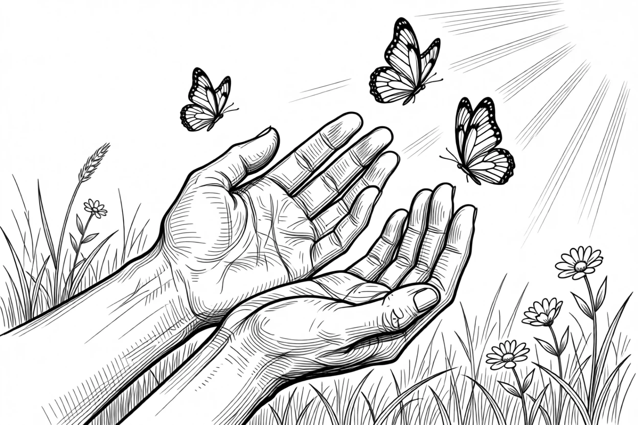 A pair of hands releasing butterflies into a sunlit meadow.