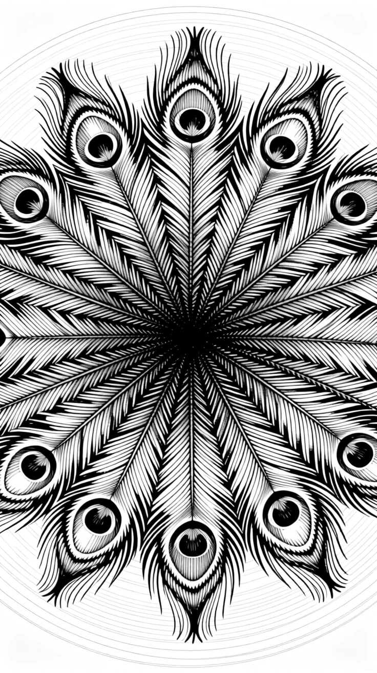 A radial burst of peacock feather patterns designed as an elegant decorative motif, with a subtle repetition of shapes throughout, forming a quietly mesmerizing decorative composition.