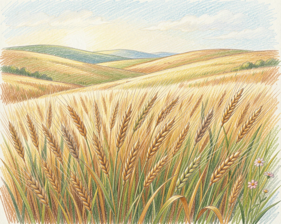 A pastoral wheat field rippling like waves in a summer breeze, captured in a quiet, intimate moment full of atmosphere, radiating comfort, joy, and quiet beauty.