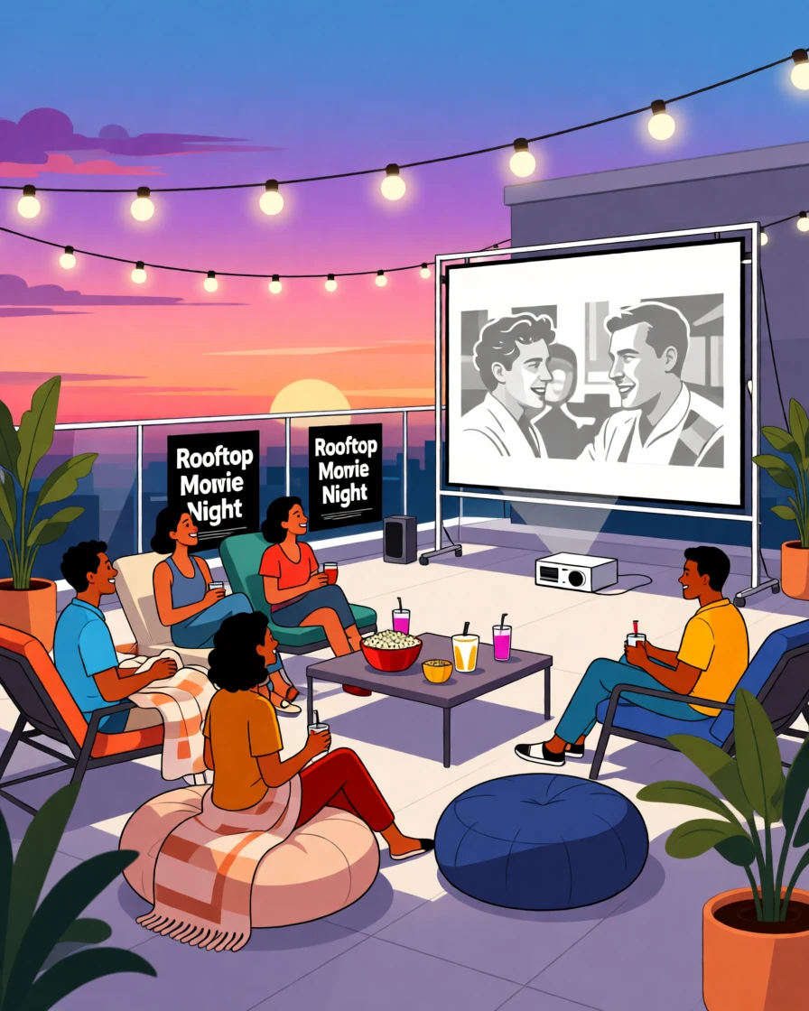 A group of friends enjoying a rooftop movie screening at dusk, set within a bright, stylish contemporary space, composed with a joyful, community-driven atmosphere, with a sense of community and connection in every detail.