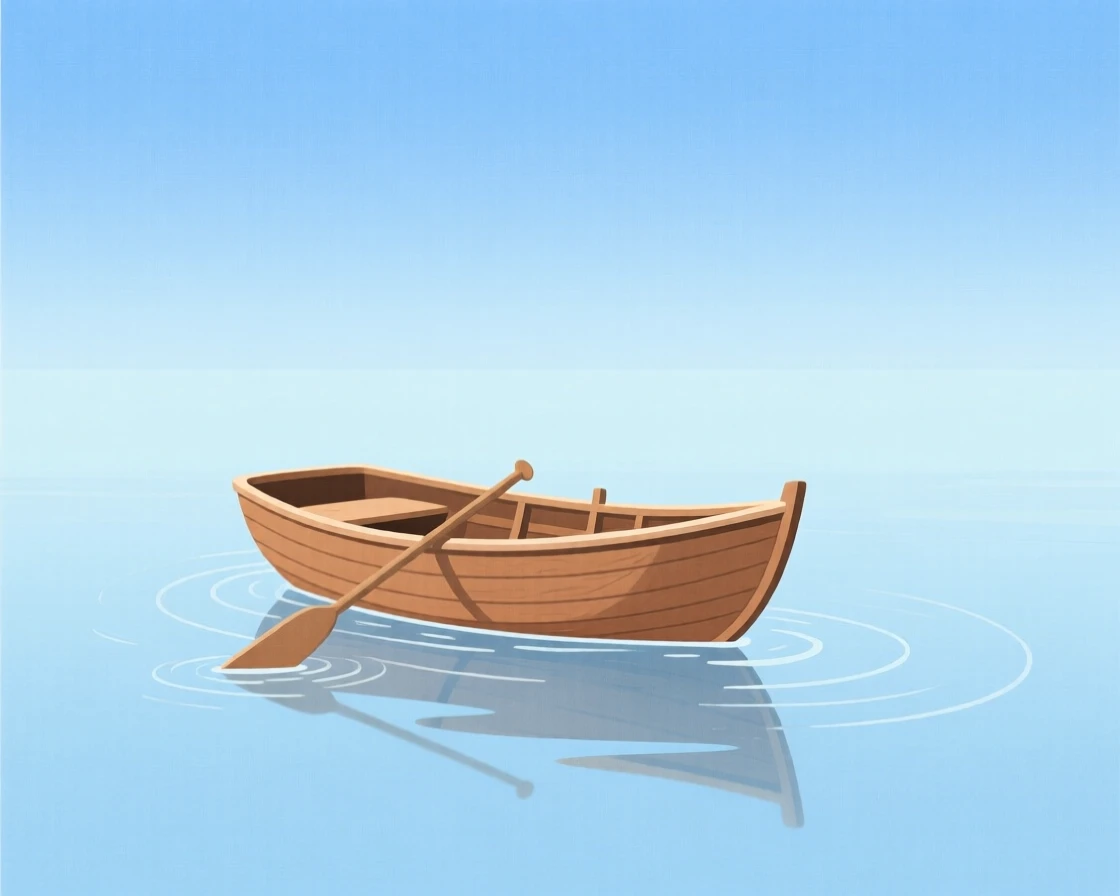 A small boat rocking gently on calm water under a clear sky.
