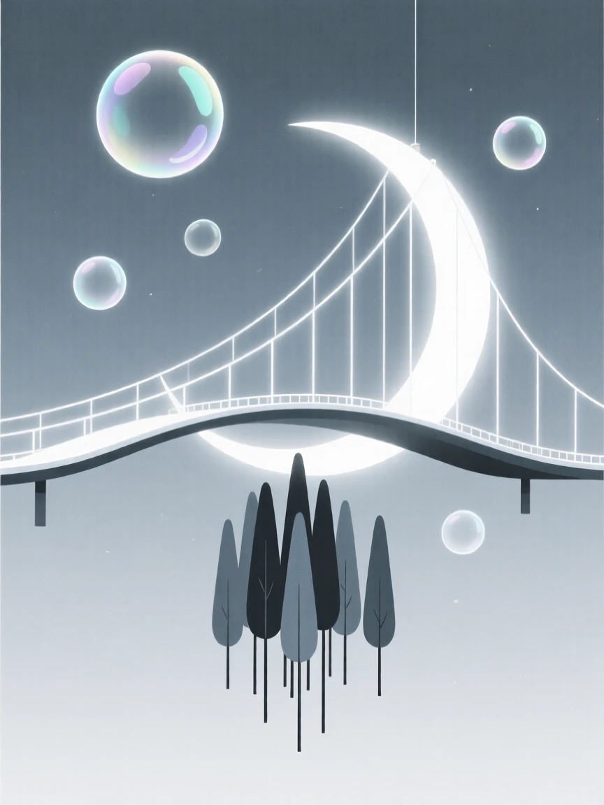 A dreamlike bridge made of moonlight rising from a forest suspended in midair, filled with drifting soap bubbles, evoking wondrous imagination.