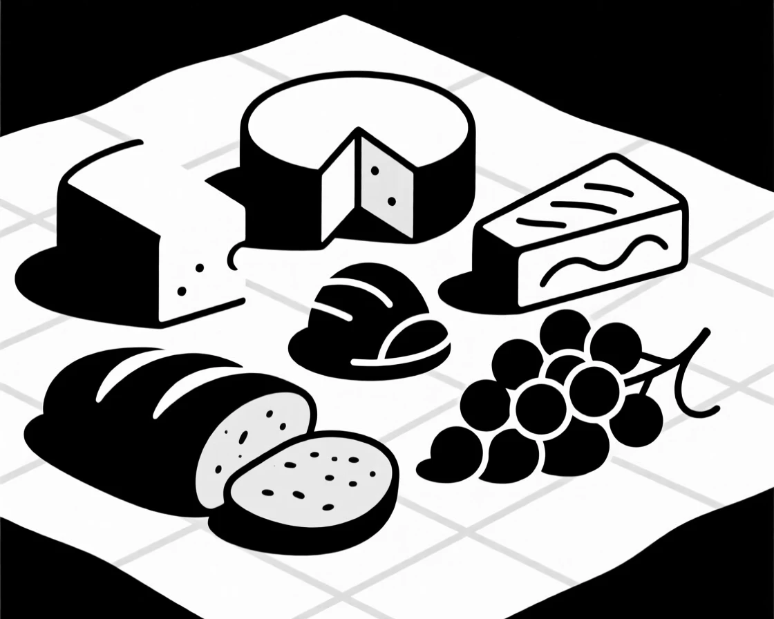 A picnic spread of cheese, bread, and grapes.