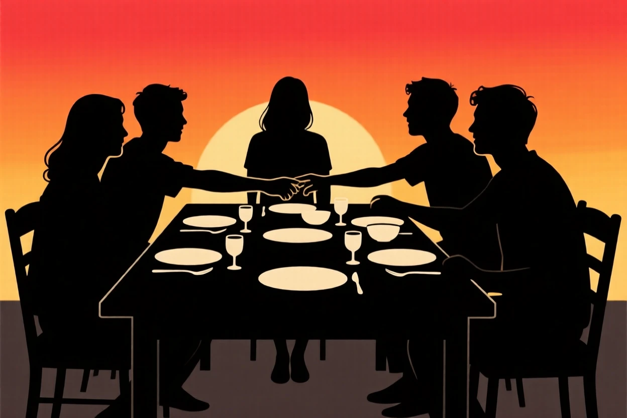 A group of friends gathered around a table sharing a home-cooked meal.