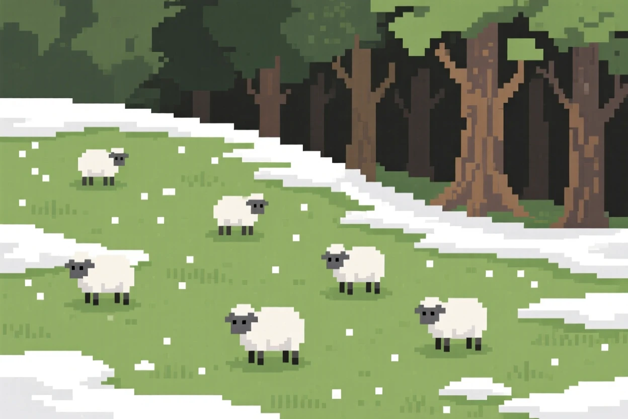 A meadow dotted with grazing sheep dusted with a light layer of fresh snow, at the edge of an ancient, quiet forest.