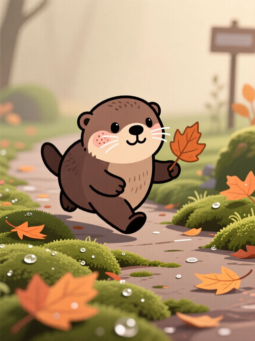 A sleepy otter pup chasing a fallen leaf in a mossy garden path, pausing to look up with curious, gentle eyes as dew glistens on the leaves.