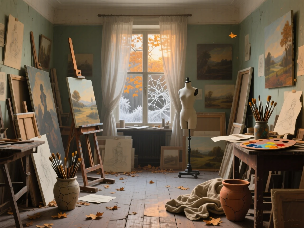 A well-framed scene of a cluttered artist's studio with canvases leaning against every wall, during the first frost of autumn.