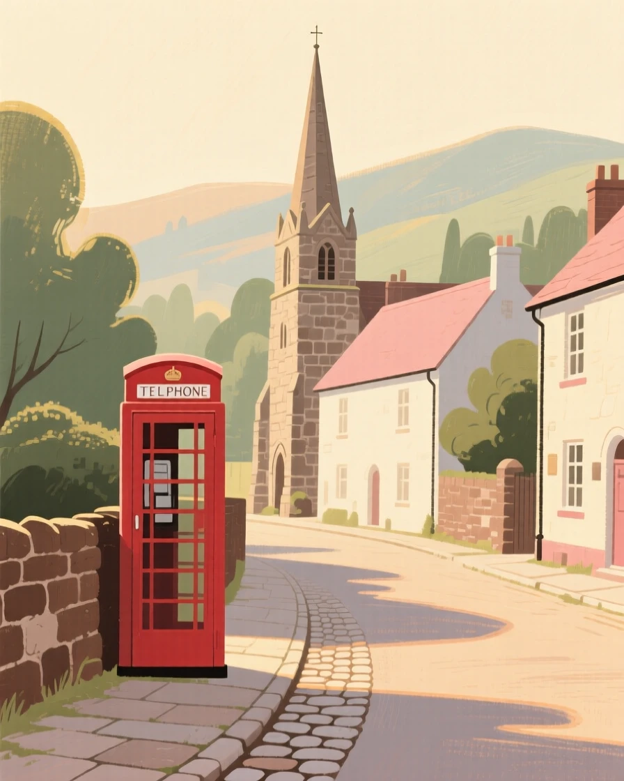 A sleepy village lane with a red telephone box and a stone church spire