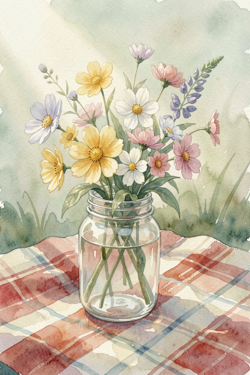 A still life of wildflowers in a mason jar on a picnic blanket with soft light streaming across the blooms.