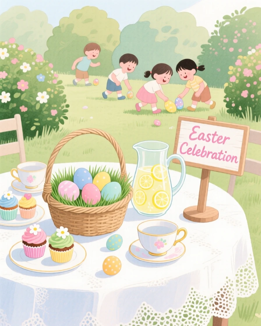 A joyful scene of an Easter egg hunt, with a table set beautifully for the occasion, capturing the warmth of the celebration