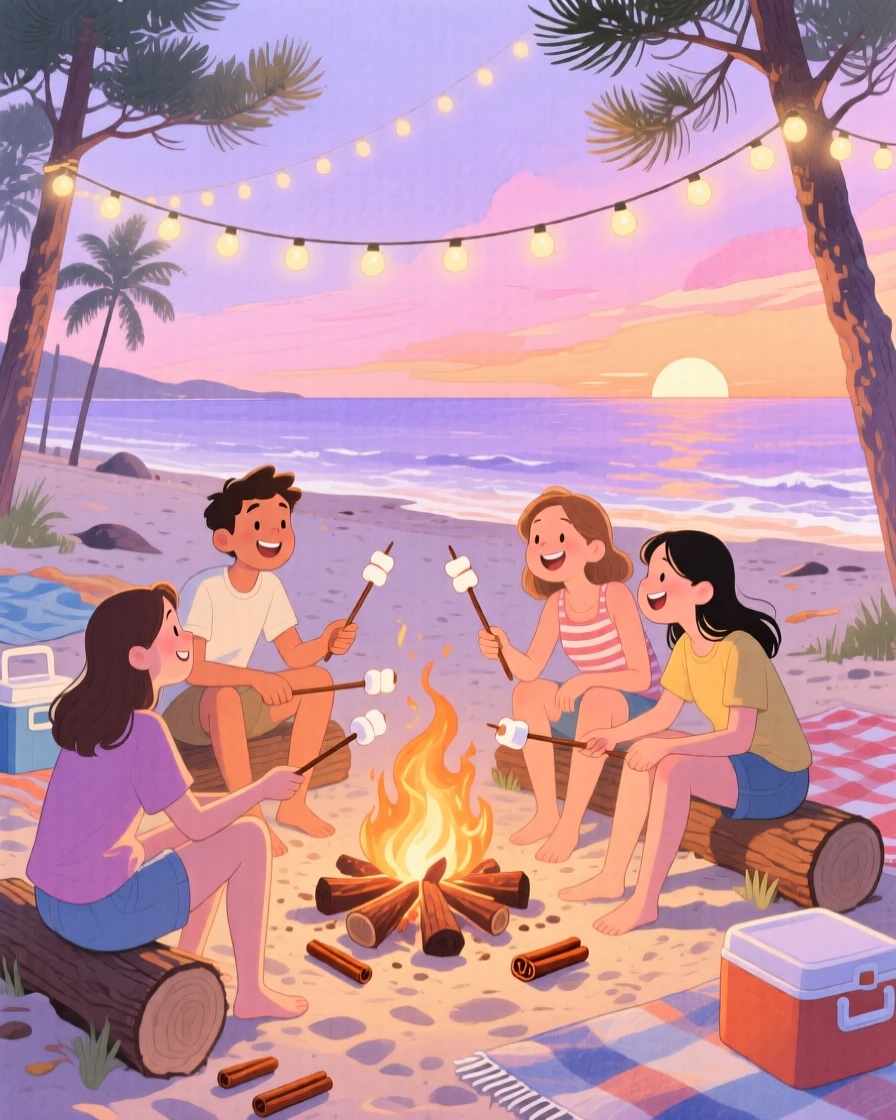 Friends roasting marshmallows around a summer bonfire, in a beach at dusk with string lights swaying, with the scent of cinnamon and pine in the air, evoking the warmth of summer friendship.