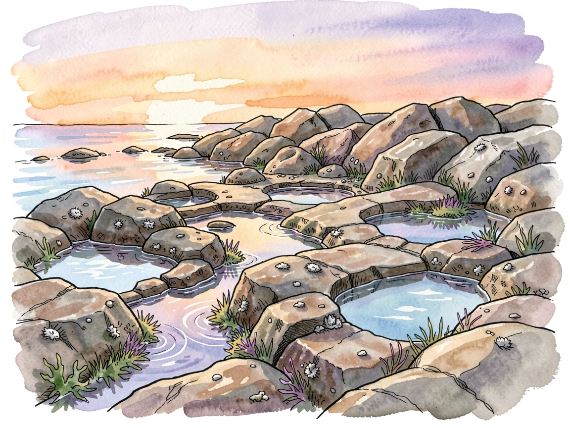 A rocky tidal shelf exposed at low tide and covered in tide pools, the last rays of sunset painting the sky in warm color.