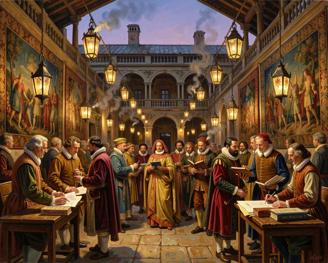 A grand Renaissance courtyard filled with artists and scholars, within a grand hall decorated with tapestries, smoke rising gently from nearby chimneys, beneath a canopy of lanterns at dusk.