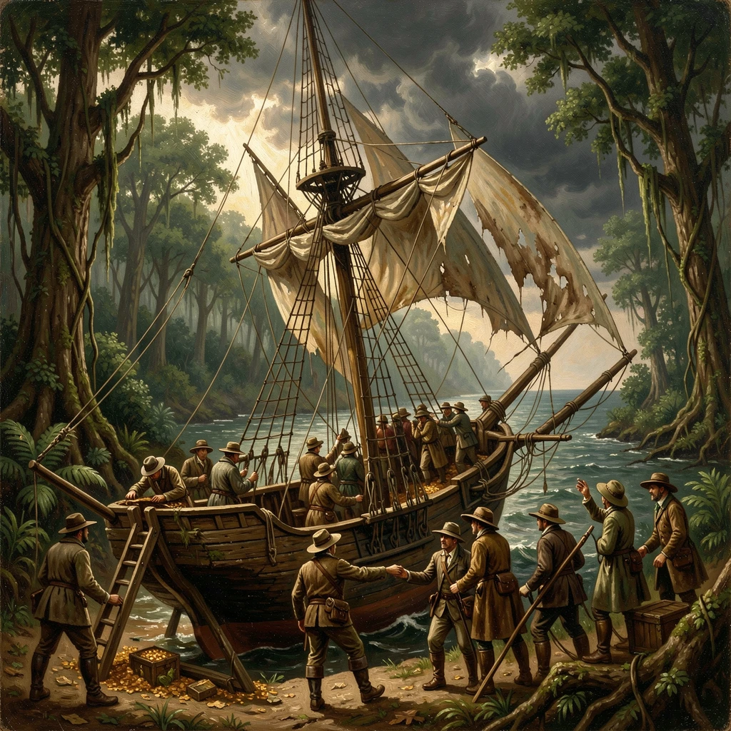 A group of treasure hunters sails toward a dense, uncharted rainforest as storm clouds gather on the horizon.