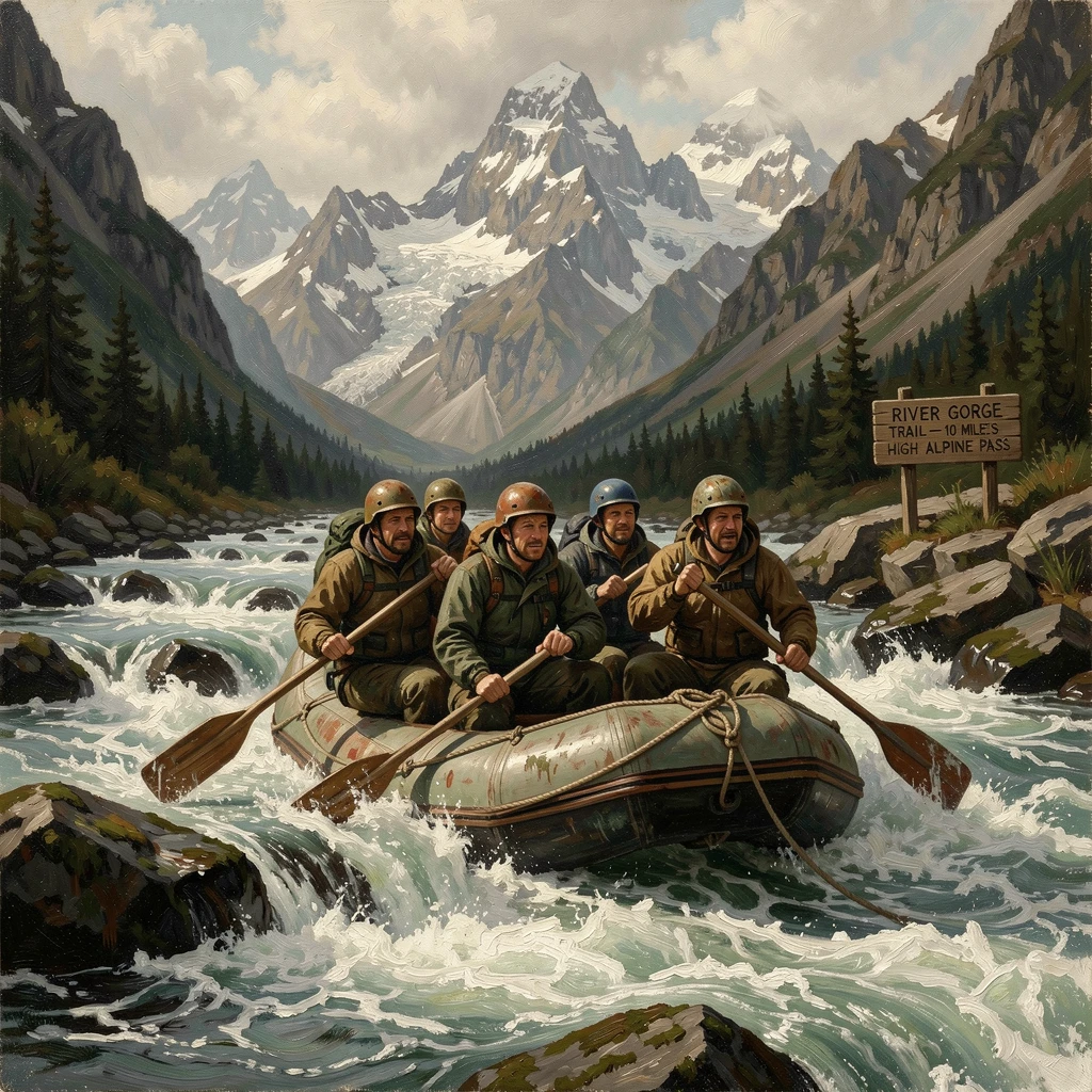A group of adventurers white-water rafting through a churning mountain river, as the vastness of the destination dwarfs the traveler in scale, offering a vivid, awe-inspiring window into a far-off adventure