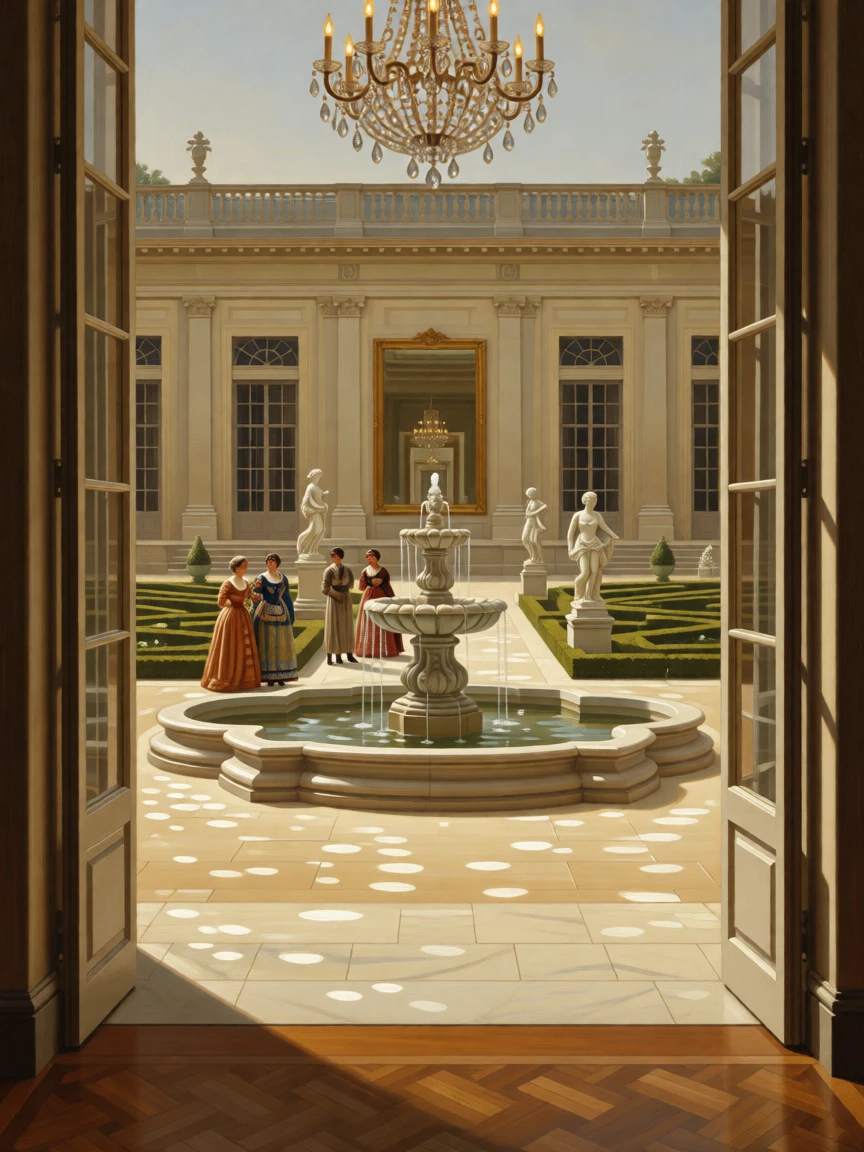 Guests admiring a fountain in the courtyard of a grand estate as laughter and music fill the air, set in a formal garden with clipped hedges and marble statues, with a grand chandelier casting warm light over polished parquet; a mirror in the background subtly doubles the scene's elegance, evoking refinement, tradition, and quiet opulence.