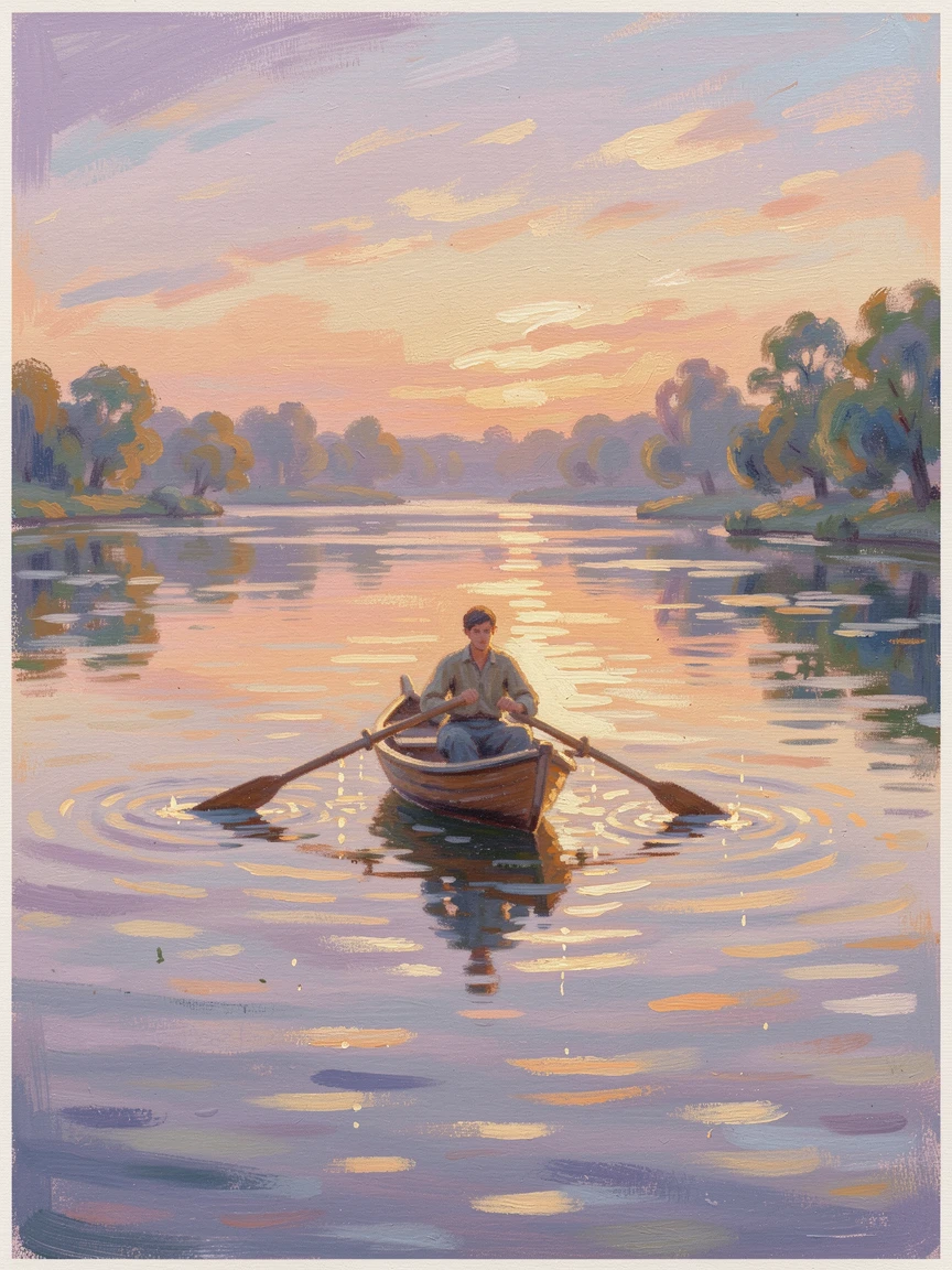 A young man rowing a small boat across a still lake at sunrise, oars dripping with golden light, under a glowing sunset sky.