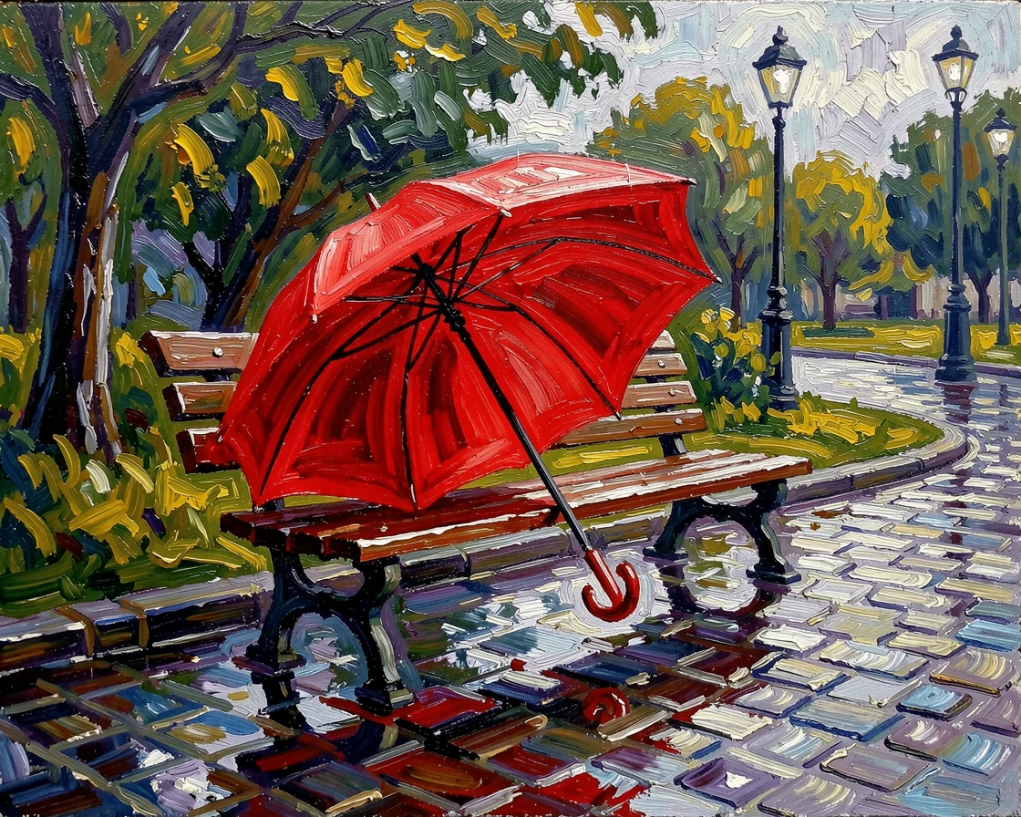 A single umbrella left open on an empty park bench after the rain has passed.