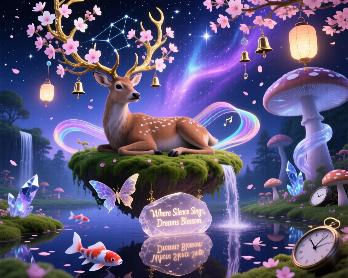 A stag with branches of blooming cherry blossoms for antlers rests quietly atop a floating patch of green moss, while soft chimes seem to ring with each of its movements.
