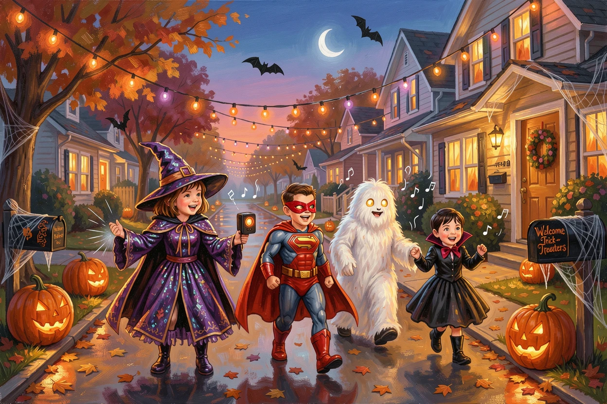 A joyful Halloween costume party shows children in elaborate costumes trick-or-treating down a decorated suburban street at dusk, the atmosphere charged with music, movement, and a shared sense of celebration.