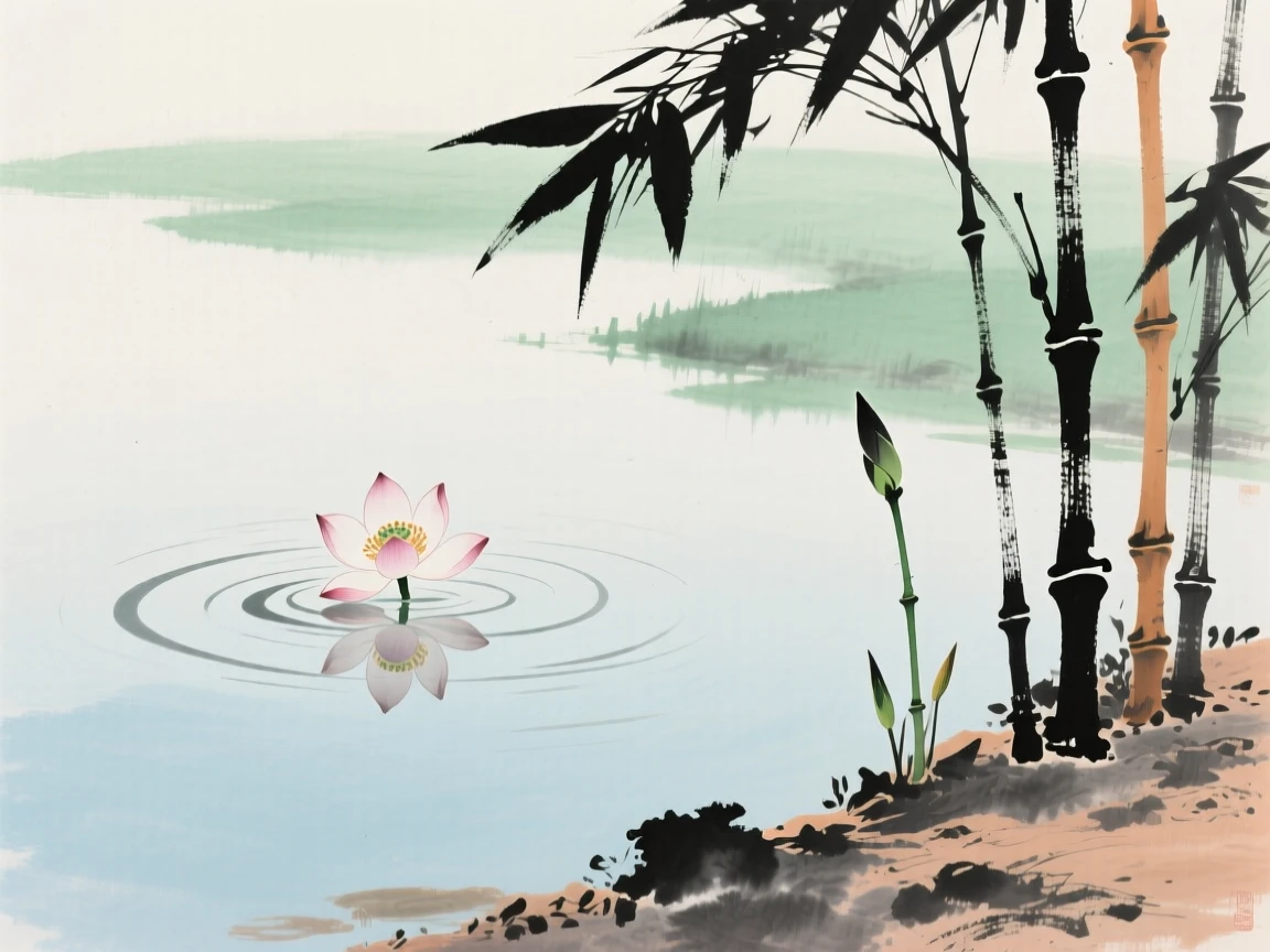 A single blossom floating on the surface of a still pond, as new bamboo shoots break through the soil, evoking a sense of quiet solitude.