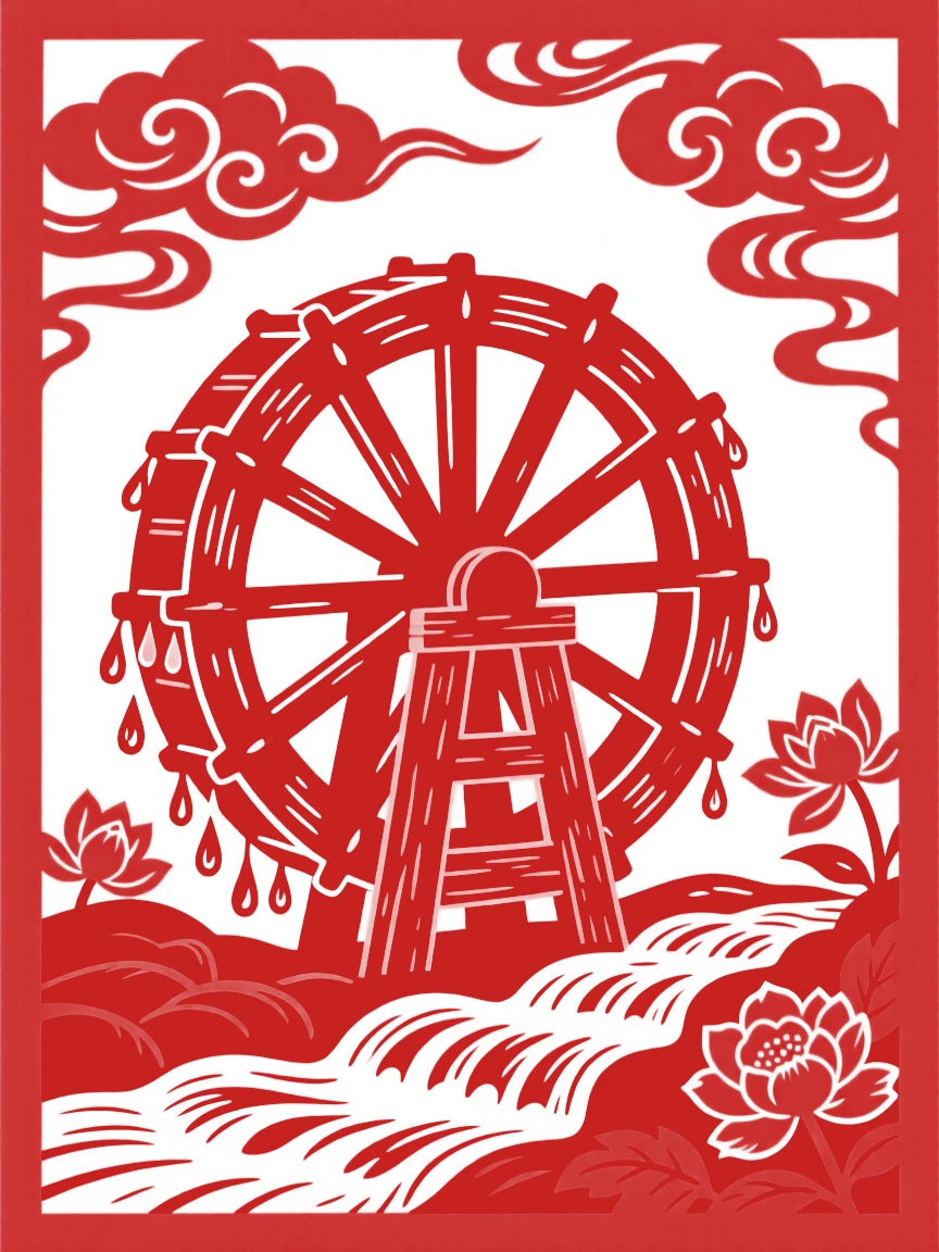 An ancient wooden watermill turning beside a rushing stream, its wheel dripping with silver droplets