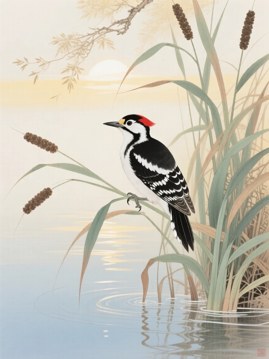 A woodpecker resting among reeds at the water's edge, soft morning light filtering through the branches