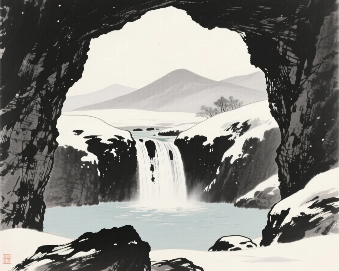 A cave mouth opening onto a hidden waterfall pool under a pale winter sky heavy with unfallen snow, framed low, with the foreground rocks leading the eye toward the distance, with the faint outline of distant peaks fading into pale grey, conveying calm reflection and gentle isolation.