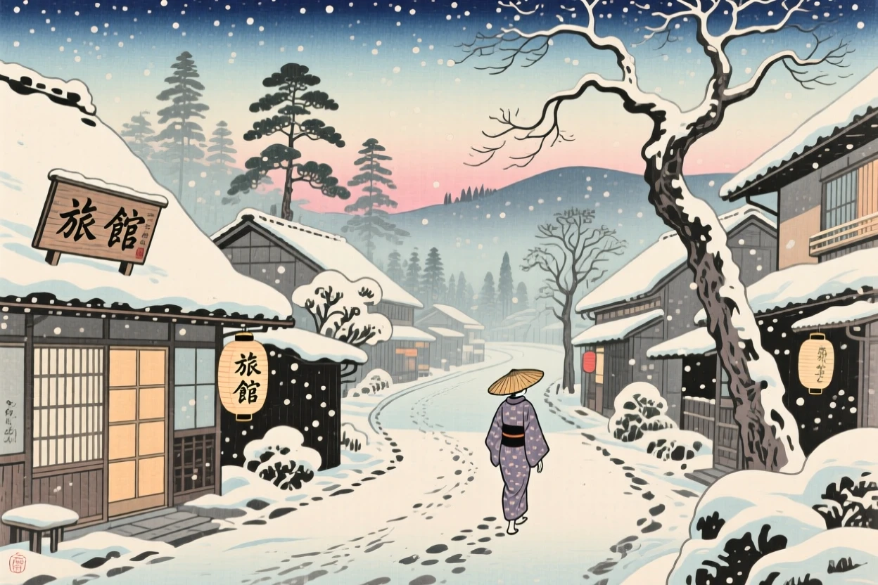 Gentle snowfall blanketing a quiet village street, just before the sun rises.