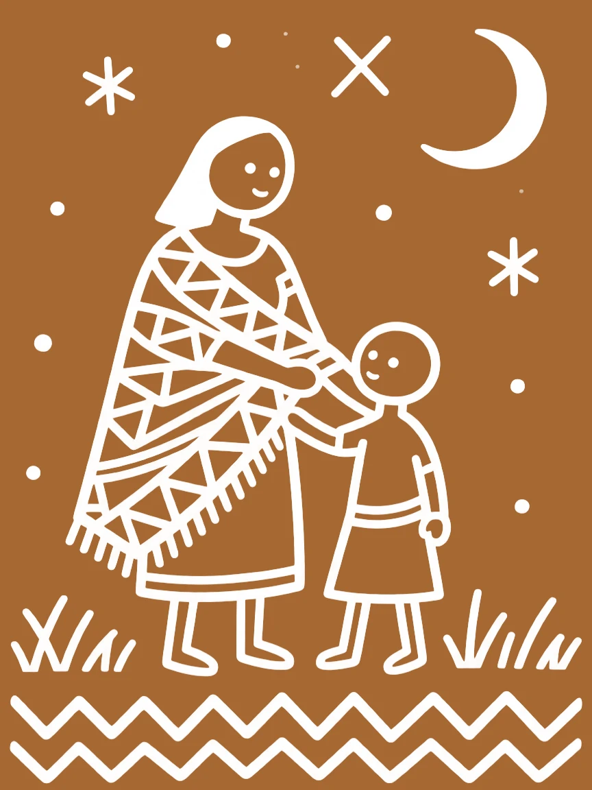 A mother wrapping her child in a warm shawl on a winter night.