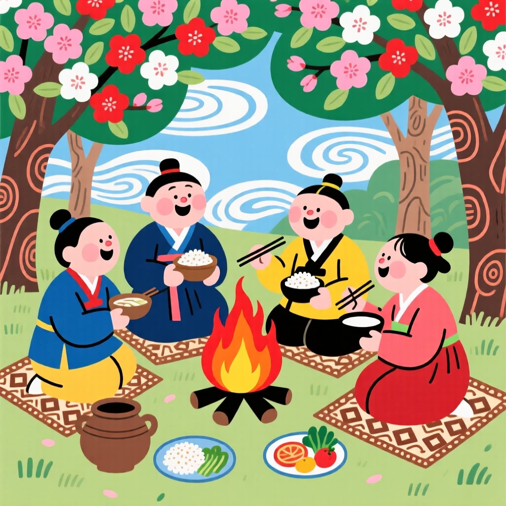 A group of friends sharing a meal around a campfire beneath a canopy of blossoming trees.