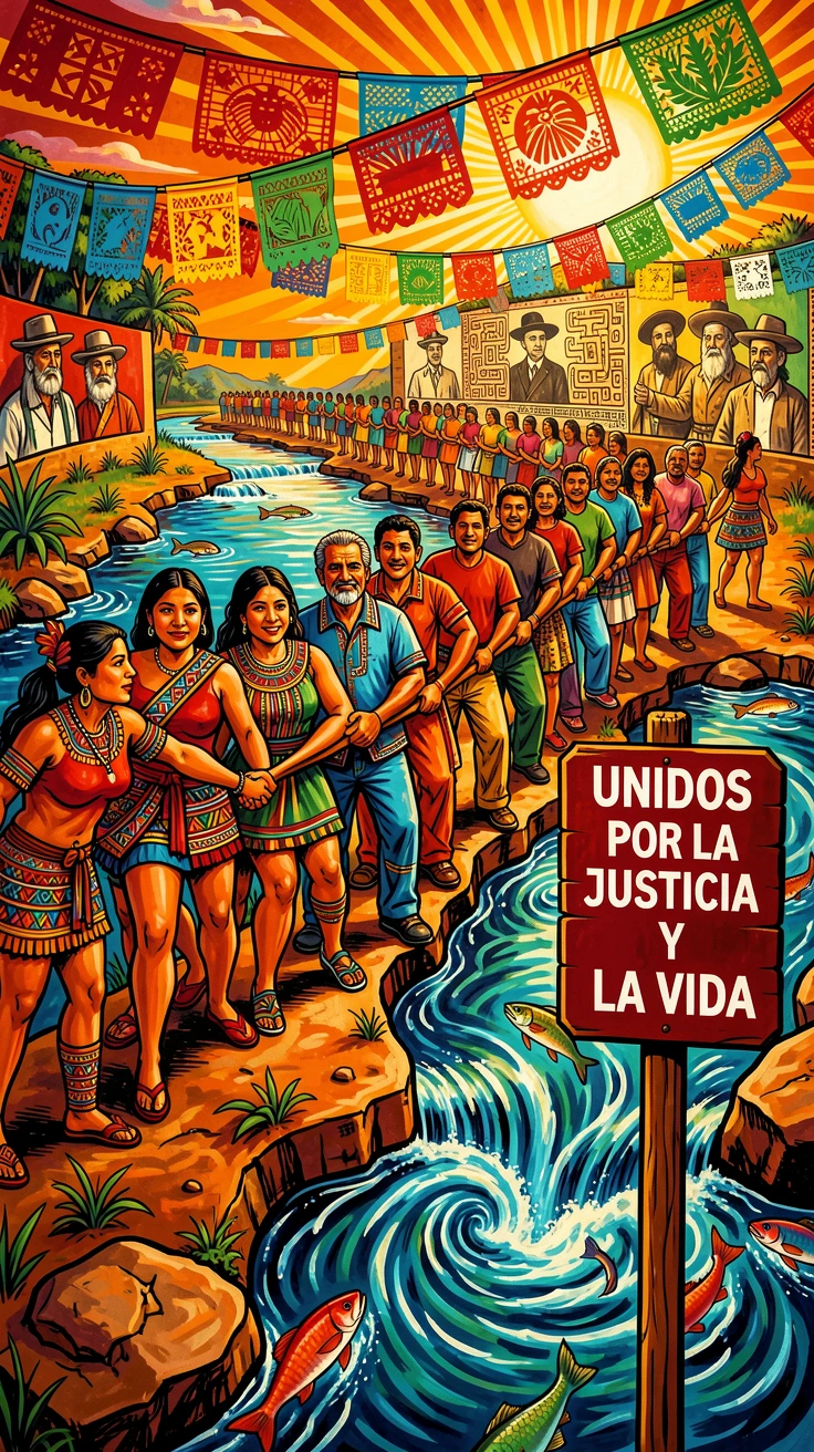A group of people forming a human chain across a river