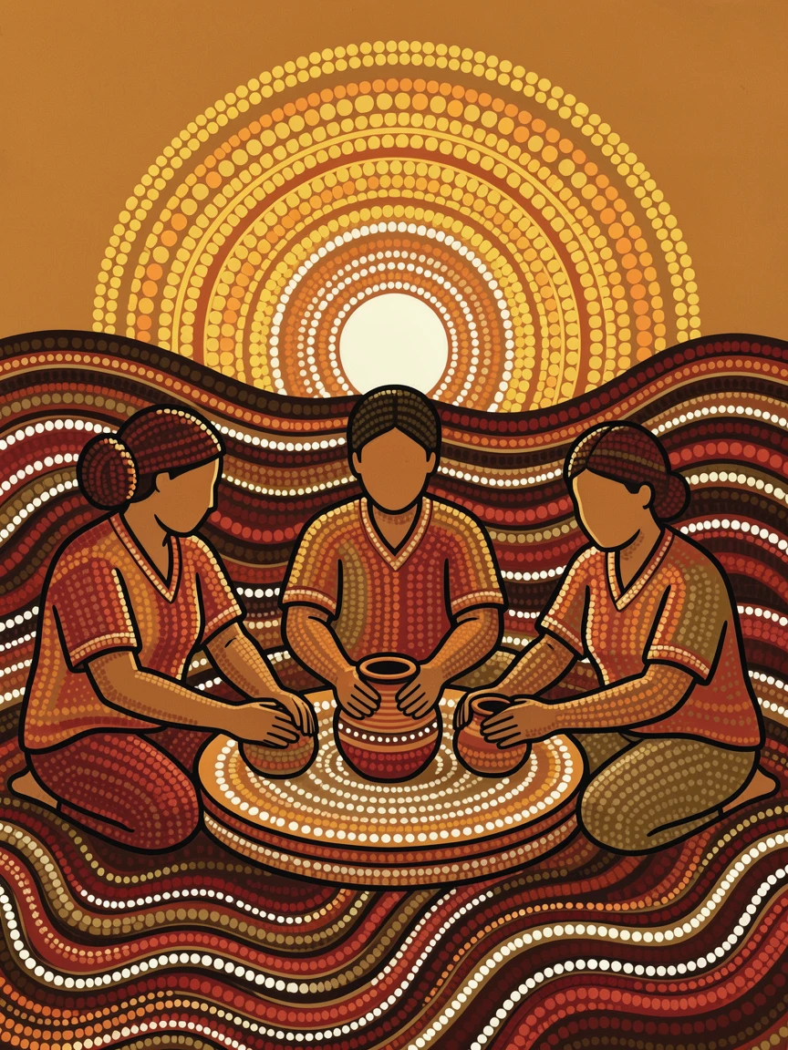 Craftsmen shaping pottery by hand at sunrise