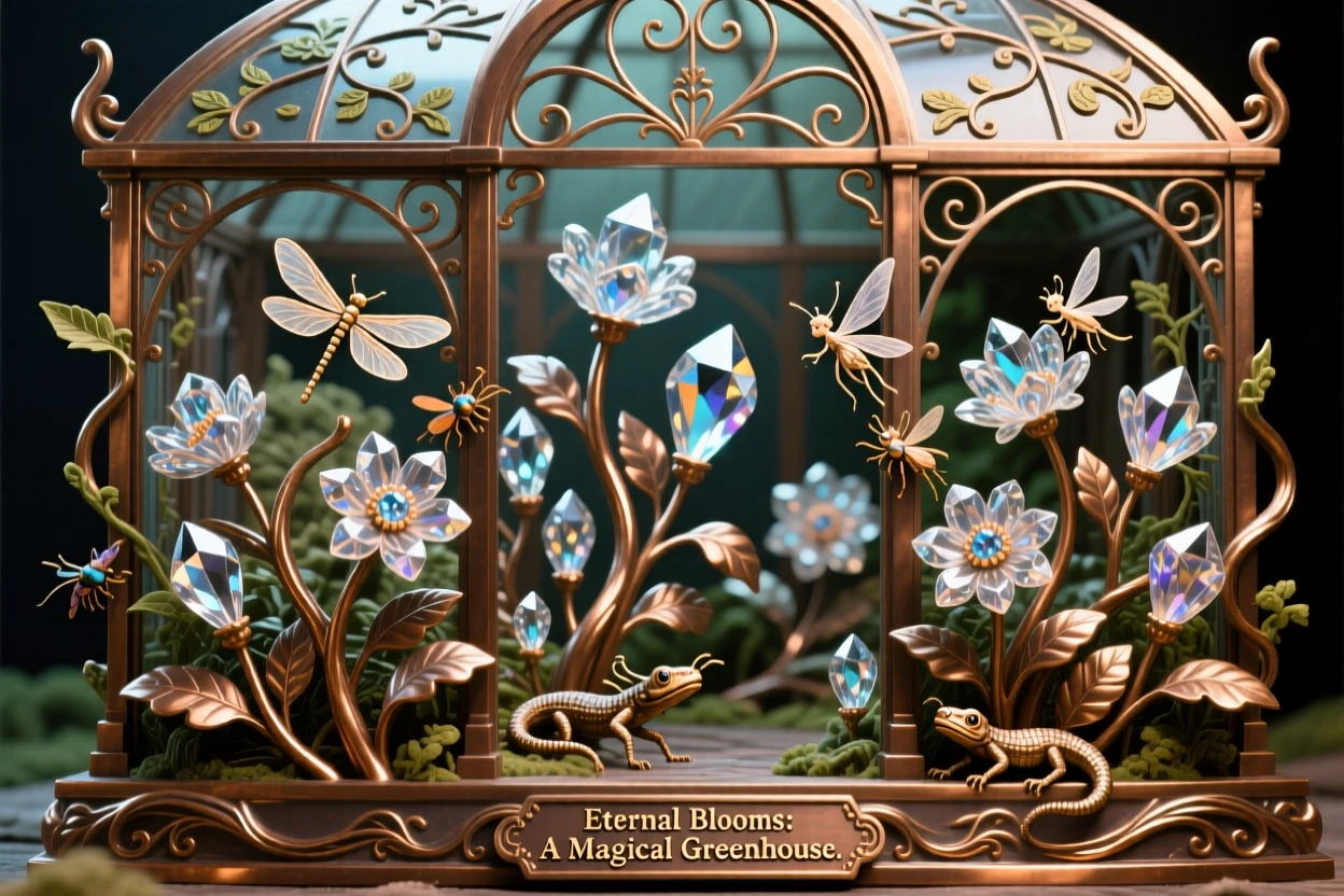 A magical greenhouse where crystal flowers bloom eternally, with intricate, fantastical detail throughout, transporting the viewer to another world