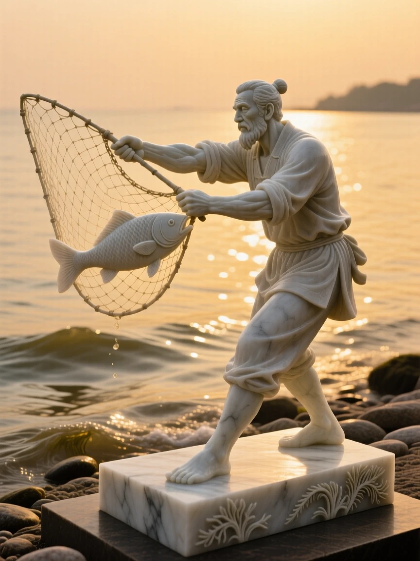 A beautifully composed image of a fisherman casting his net into golden waters, surrounded by soft, glowing light, full of atmosphere and visual storytelling