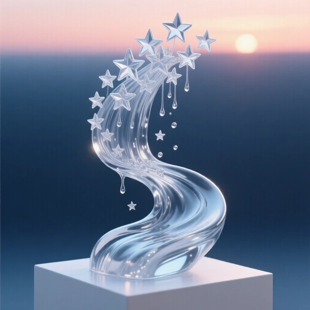 A river flowing upward into a cascade of stars, beneath a horizon glowing with the first light of dawn
