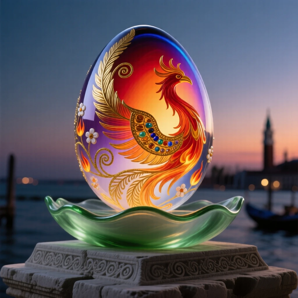 A grand phoenix egg glowing softly atop an ancient altar at the very height of dusk, sacred and mysterious.